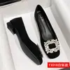 Zapatos de Tacón Grueso con Pedrería Estilo Francés de Alta Gama para Mujer 2024 Nuevo Verano Punta Cuadrada Boca Baja Tacón Alto Elegante para el Trabajo
