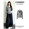 Top de tirantes transparente gris para mujer, conjunto de dos piezas para principios de otoño, atuendo estilo coreano, conjunto completo
