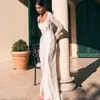 Vestido largo de manga larga con cuello cuadrado y encaje de estilo francés empalmado, con abertura lateral transparente, corte ajustado, ropa para mujer al por mayor