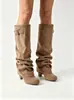 Botines plisados retro europeos y americanos, botas altas de cuero con tacón grueso para mujer, botas de montar de cara suave para otoño/invierno, tallas grandes, para comercio electrónico transfronterizo