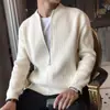 Cardigan de Tricô Masculino com Gola Alta e Zíper, Estilo Coreano para Primavera e Outono, Jaqueta Suéter Solta de Malha Canelada Vertical de Luxo, Top Casual