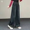Calça jeans feminina, nova coleção outono 2026, para crianças maiores, com barra desfiada, modelo wide leg, perna reta, versátil, com etiqueta de couro, calça comprida