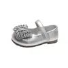 Zapatos Planos de Cuero para Niñas con Lazo de Pedrería Plateada, Estilo Princesa, Suela Suave, Antideslizantes, Versátiles, Estilo Primavera y Otoño, Zapatos Planos para Niños Pequeños