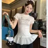 Camiseta Blanca de Manga Corta para Mujer con Cuello de Camisa [Borde de Encaje Original], Dobladillo con Borde de Encaje de Verano, Versátil de Corte Ajustado