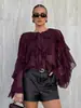 Blusa de Gasa Elegante Color Borgoña con Cuello Redondo y Volantes Estilo Retro Francés para Mujer Diseño Primavera 2026