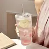 Copo de Vidro com Listras Verticais Grande Capacidade Estilo Ins Copo com Aparência Premium para Bebidas Frias Suco Café com Tampa Copo com Canudo