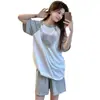 Pijama de Verano para Pareja Hombres y Mujeres Algodón de Imitación Manga Corta Rayado Cuello Redondo Para Usar Afuera Casual Talla Grande Traje de Casa para Estudiantes