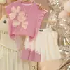 Traje de Verano para Niña 2025 Nuevo Estilo Moda Bebé Niña Top de Manga Corta con Flores Falda Plisada Moderna Estilo Popular de Verano