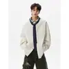 Camisa masculina de manga longa, estação outono, colarinho de lapela, camisa casual moderna, novo estilo, corte solto, texturizada, rosa, high street, listrada, estilo americano