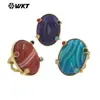 Wt-R585 Anillo Abierto Geométrico Retro Británico con Patrón Ovalado, Piedra Natural Colorida, Chapado en Oro de 18 Quilates para Hombres y Mujeres