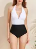 Traje de baño tipo tankini de una pieza con cuello halter y bloques de color estilo europeo y americano, cuello en V, que oculta el abdomen y estiliza la cintura, conservador, para efecto adelgazante, adecuado para playa, aguas termales y trajes de baño de vacaciones