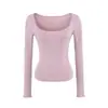Camiseta Sexy Caliente de Chica Cuello en U con Bolsillo y Manga Larga para Mujer Estilo Deseo Puro Ajustada Ceñida en la Cintura Adelgazante Color Sólido Elástica Prenda Base