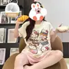 Pijama de Estilo Popular con Almohadillas en el Pecho para Mujer, Pantalones Cortos de Manga Corta, Ropa de Casa de Dibujos Animados de Verano, Conjunto de Algodón Nube que Se Puede Usar Afuera