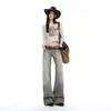 Jeans de pierna recta, tiro bajo, diseño desgastado lavado en color Naranja Juvenil para mujer, corte holgado, adelgazantes, favorecedores, únicos y versátiles, pantalones de largo hasta el suelo