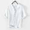 Verão Linho de manga curta casual T-shirt masculina gola vertical Pullover camisa National Fashion Old Style Retro fino respirável grande decote em V