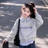 Conjunto de Pantalones Vaqueros Lindos de Dibujos Animados y Top con Estilo Coreano de Moda Académica con Rayas y Retazos con Cuello
