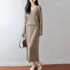 Traje de punto 100% lana pura con cuello en V y falda larga para mujer, nuevo conjunto casual suelto de punto para otoño e invierno