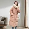 Casaco de Inverno Feminino com Penas, Estilo Longo, Penugem de Pato Branca, Gola de Pele, Moderno, Quente, Acolchoado, Estilo Japonês e Coreano