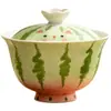 Gaiwan de cerámica pintado a mano Mojing con gato y sandía bajo vidriado para uso doméstico, taza de té anti-quemaduras, juego de té Kung Fu, gaiwan para té de roca