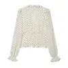 Moda feminina transfronteiriça 2026 Estilo europeu e americano Gola V estampa de bolinhas top shirt justo com babados para mulheres E490789
