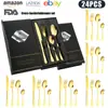 Vajilla de Acero Inoxidable Más Vendida de Amazon 1010 Oro 24 Juegos de Cuchillos, Tenedores y Cucharas Negras Cuchillos de Mesa, Tenedores y Cucharas