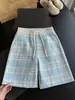 Pantalones cortos de punto a cuadros azules estilo Chanel para hombre, pantalones cortos casuales transpirables de verano estilo americano de alta resistencia, pantalones cortos de marca de moda de longitud de cuarto