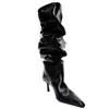 Moda 2026 Nuevas Botas de Pierna Ancha de Otoño Punta Fina Botas de Pasarela Europeas Botas de Tacón Alto de Aguja Plisadas Hasta la Rodilla