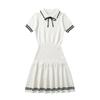 Estilo Academia Gola Doce Contraste de Cores Laço no Peito Cadarço Manga Curta Vestido Feminino Solto Cintura Apertada Saia Doce