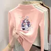 Camiseta interior base de forro polar de doble cara para niñas, nueva camiseta casual versátil con estampado de dibujos animados, camiseta de cuello alto a la moda