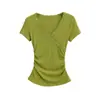 3057-25 Nuevo Estilo de Verano Estilo Europeo y Americano Sexy Cruz de Encaje Cuello en V Manga Corta Plisado Delgado Camiseta