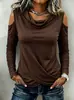 2026 Otoño Nuevo Transfronterizo Estilo Europeo y Americano Cuello Alto Hombro Descubierto Manga Larga con Dobladillo Cruzado Ajustado Camiseta para Mujer