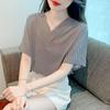 Camisa de gasa a rayas con cuello en V para mujer, camisa holgada que cubre el vientre, camiseta elegante y moderna que reduce la edad, top de verano nuevo de manga corta