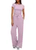 Traje Casual de Dos Piezas para Mujer Exportación Europea y Americana 2025 Amazon Tops de Manga Corta Pantalones de Pierna Ancha de Cintura Alta Ropa Deportiva