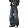 Pantalones de trabajo lavados de alta resistencia para hombre, diseño americano, pantalones casuales holgados vintage geniales de pierna recta deconstruidos para hombre