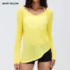 Cubierta de Yoga con Cuello en V de Hilo de Bambú para Mujer con Cordones Laterales, Transpirable y de Corte Holgado, Adecuada para Correr y Fitness, Manga Larga D26100