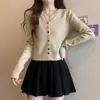 Cardigan de Punto Corto con Hebilla Metálica de Color Puro Estilo Suave Estilo Coreano 2025 Suéter de Cuello V para Mujer Otoño e Invierno