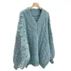 2025 Prendas de punto trenzado engrosadas con cuello en V para mujer en otoño e invierno, Ropa exterior holgada, Diseño de estilo perezoso, Top de punto cálido