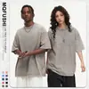 Camiseta Pesada 300G Cor Sólida Vintage Lavada Transfronteiriça Masculina e Feminina Solta Ombro Caído Manga Curta Marca Tendência Top Liso