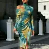 Transfronterizo Nuevo Estampado Digital Casual Personalidad Moda Temperamento Vestido de Manga Larga Hombros Descubiertos Falda Primavera y Otoño Mujer