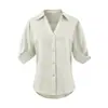 Camisa Sencilla de Lino Amarillo Ganso con Cuello en V y Media Manga para Mujer Verano 2026 Holgada Casual Versátil Camisa de Trabajo