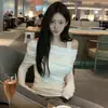 Elegante Camiseta Coreana de Manga Larga con Hombros Descubiertos y Capas para Mujer, Nuevo Estilo Primavera 2026, Diseño de un Hombro, Adelgazante y Elegante, Falso Dos Piezas para Mujer