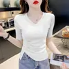 Nova Camiseta de Algodão Puro com Decote V de Manga Curta para Mulheres Verão 2026, Corte Slim Irregular, Franzida, Cobre a Barriga, Emagrecedora, Top de Cor Sólida