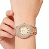 Relógio de Pulso Redondo Estilo Romano Cravejado de Diamantes Estilo Inglês para Mulheres, Modelo Popular de Comércio Exterior, Atacado do Fabricante, Conjunto de Relógio com Pulseira de Liga Metálica para Mulheres