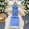 Vestido de punto sin mangas con cuello polo de contraste estilo vintage Chanel para mujer, ropa de verano francesa, falda de suéter ajustada con cintura marcada