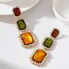 Pendientes Largos Colgantes de Piedra Preciosa Rectangulares con Bloques de Color Estilo Retro de Corte Totalmente Pavimentados con Diamantes Blancos Exagerados para Vestido de Banquete para Mujeres