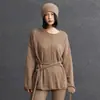 Novo suéter de malha quente versátil de gola redonda com borda dobrada, corte solto elegante, puro cashmere feminino para outono e inverno