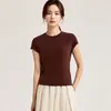 Camiseta de manga corta para mujer 2026 nuevo verano fina fresca Tencel Lyocell con pequeñas mangas acampanadas, color liso, hombro normal, corte ajustado, cuello redondo