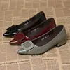 Novidade de Outono Sapatos de Salto Bloco Baixo Bico Fino para Mulheres Solado Macio Fivela Quadrada Confortáveis Leves Slip-on Trabalho Sapatos Pequenos de Couro