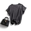Camiseta Top de Malha de Seda Brilhante Tencel Linho Francês Simples e Confortável Gola Redonda Manga Raglan Curta Solta e Confortável