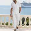 Conjunto Masculino Casual de Algodão e Linho Outonal Europeu e Americano Transfronteiriço Amazon Camisa Henley com Capuz Solta Conjunto de Calças Longas de Manga Comprida